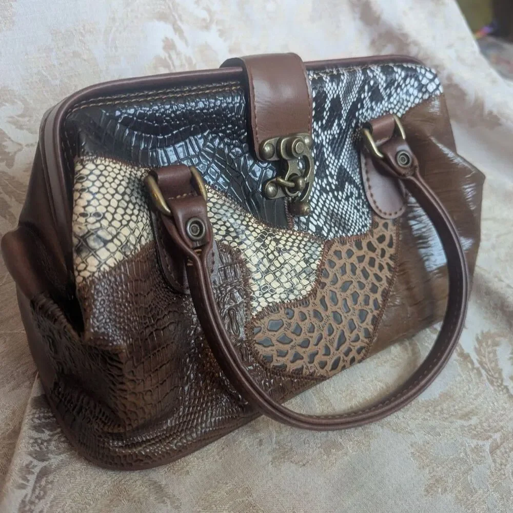 Vintage 70s 80s Leather Patchwork Animal Print Satchel Bag - Picture 2 of 11